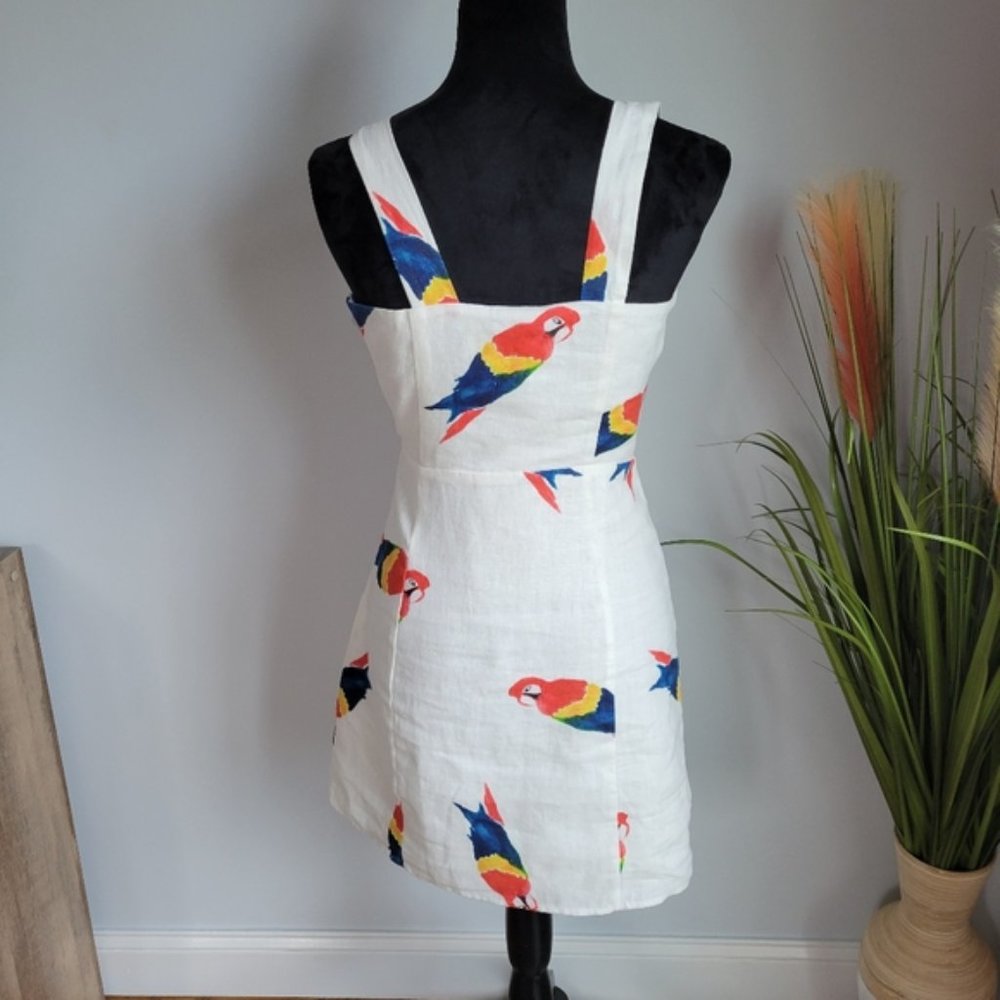 Farm Rio, New, Macaw White Linen Parrot Mini Dress Sundress Dress, XS - Picture 5 of 6